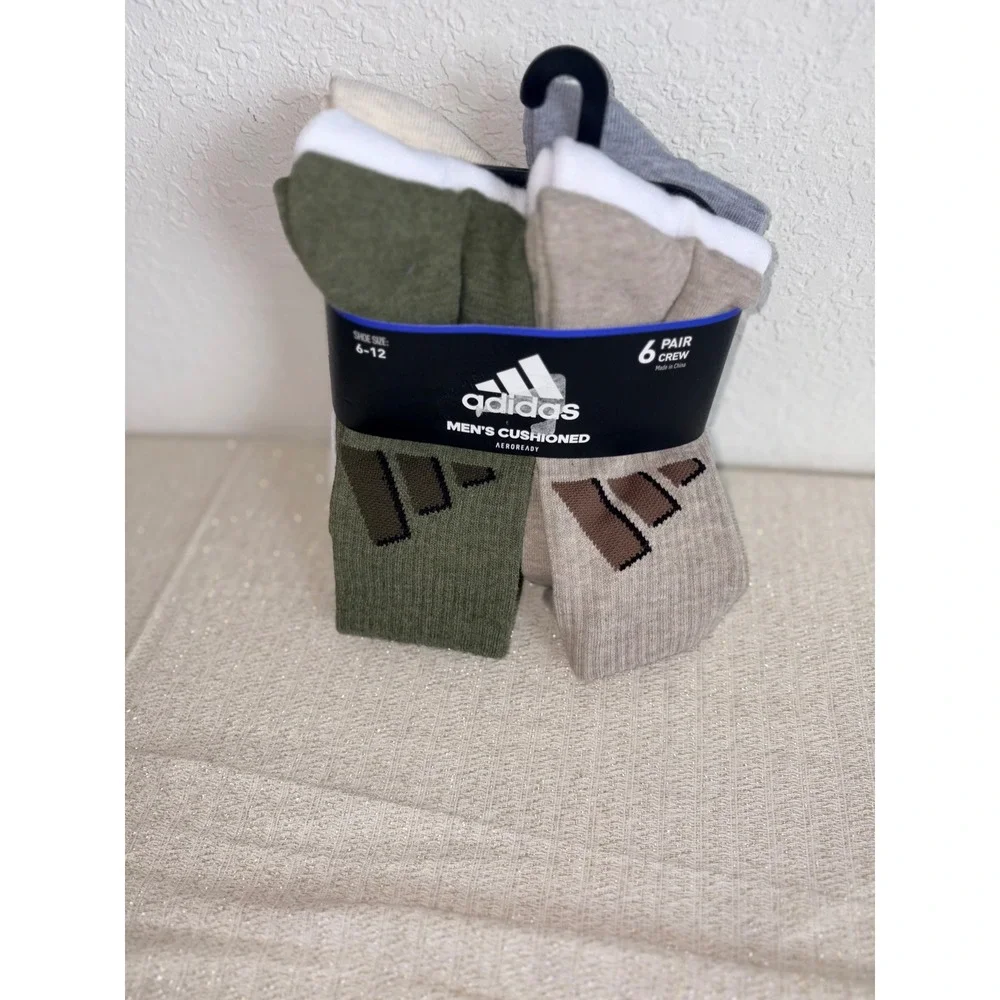 Adidas Crew Socks 6-12 Olive Tan Grey White NEW 6 Pair Pack Men's‎ Cushioned